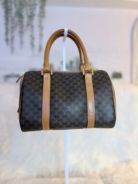 Celine Macadam Brown Monogram Boston Bag with Tan Leather Trim